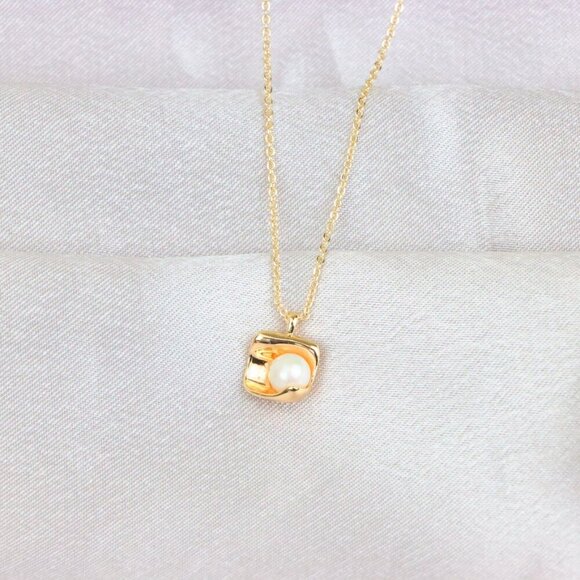 "Rose Gold Necklace with Modern Square Pendant and Pearl Accent, XPNL1885 - Picture 5 of 13